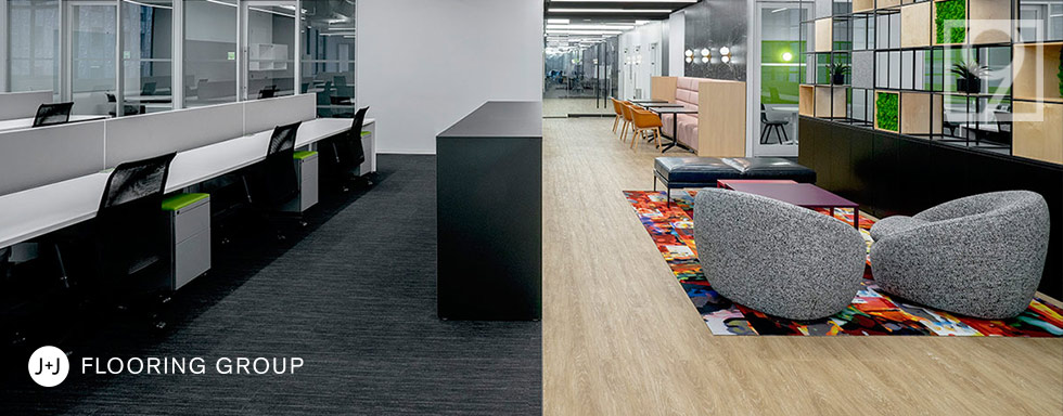 Office space showing new J+J Flooring carpet and wood flooring